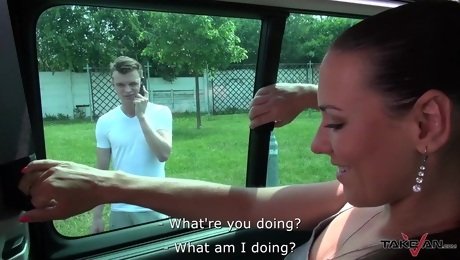 Two Euro MILFs talk a young man into having sex with them in their car