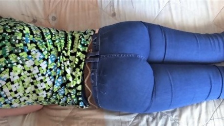 Mature shows off her big ass in jean, fingering, masturbatio